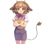  1girl animal_ears bangs black_skirt black_vest bow breasts brown_hair collared_shirt cow_ears cow_girl cow_horns cow_tail dress_shirt highres holmy_(show_by_rock!!) horns looking_at_viewer medium_breasts nyama object_hug pencil_skirt red_bow red_eyes shirt short_sleeves show_by_rock!! simple_background skirt solo standing tail v-shaped_eyebrows vest white_background white_shirt 