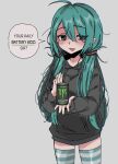  1girl :d ahoge alternate_hairstyle aqua_hair black_hoodie blush can drawstring english_text fang green_thighhighs grey_background half-closed_eyes hatsune_miku highres holding holding_can hood hood_down hoodie long_hair looking_at_viewer messy_hair monster_energy simple_background skin_fang smile snale solo speech_bubble striped striped_thighhighs thighhighs twintails upper_body very_long_hair vocaloid white_thighhighs 