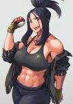 1girl abs bangs black_hair breasts cleavage dendra_(pokemon) gloves highres jacket large_breasts long_bangs long_hair looking_at_viewer mikel_(4hands) muscular muscular_female open_clothes open_jacket poke_ball pokemon pokemon_(game) pokemon_sv ponytail red_eyes scar scar_on_face sleeves_rolled_up solo sports_bra sweat 