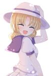  1girl blonde_hair closed_eyes facing_viewer from_side hat hat_ribbon highres louise_(touhou) open_mouth ougi_hina purple_ribbon ribbon short_hair short_sleeves simple_background solo touhou touhou_(pc-98) upper_body white_background white_headwear 