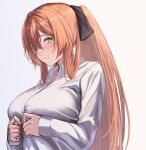  1girl 3_small_spiders arms_under_breasts breasts brown_hair buttons collared_shirt girls&#039;_frontline green_eyes hair_between_eyes hair_rings large_breasts long_hair long_sleeves ponytail shirt sidelocks springfield_(girls&#039;_frontline) upper_body white_background white_shirt 