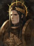  1boy 2022 absurdres armor artist_name black_eyes black_hair circlet closed_mouth dated emperor_of_mankind ginias halo highres long_hair pauldrons shoulder_armor solo upper_body warhammer_40k 