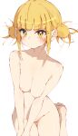  1girl bangs barefoot blonde_hair blunt_bangs blush boku_no_hero_academia breasts closed_mouth collarbone commentary completely_nude dot_nose double_bun hair_bun highres looking_at_viewer medium_breasts messy_hair nipples nude own_hands_together pouty_lips rasusurasu short_hair_with_long_locks sidelocks simple_background solo straight_hair toga_himiko tsurime v-shaped_eyebrows white_background yellow_eyes 