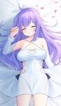  1girl :o azur_lane bangs bare_shoulders bed_sheet blush breasts closed_eyes commentary_request criss-cross_halter detached_sleeves dress facing_viewer halterneck hand_up highres large_breasts long_hair long_sleeves lying on_back parted_lips petals purple_hair satsuki_yukimi solo unicorn_(azur_lane) very_long_hair white_dress white_sleeves 