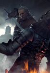  armor grey_hair gwent_(game) highres holding holding_sword holding_weapon long_hair monster non-web_source old realistic skull sword the_witcher_(series) the_witcher_3 vesemir vesemir_of_kaer_morhen weapon 