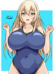  atago_(kancolle) blonde_hair blue_background blue_one-piece_swimsuit border breasts competition_swimsuit covered_navel dated green_eyes highleg highleg_swimsuit highres huge_breasts impossible_clothes impossible_swimsuit kantai_collection large_breasts long_hair looking_at_viewer montemasa one-hour_drawing_challenge one-piece_swimsuit open_mouth smile swimsuit twitter_username white_border 