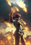  1girl banner battle burning fiery_background fire fireball gwent_(game) highres non-web_source pants red_hair the_witcher_(series) the_witcher_3 triss_merigold 