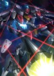  firing flying funnels_(gundam) gamiani_zero glowing glowing_eyes gun gundam gundam_pharact gundam_suisei_no_majo highres holding holding_gun holding_weapon laser looking_down mecha mobile_suit open_hand red_eyes robot science_fiction solo space v-fin weapon 