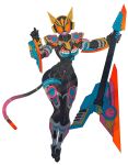  1girl absurdres beat_buckle breasts cable cable_tail catball1994 clenched_hand full_body guitar head_tilt highres holding holding_instrument instrument kamen_rider kamen_rider_geats_(series) kamen_rider_na-go looking_at_viewer mechanical_tail medium_breasts orange_eyes power_armor solo tail tokusatsu white_background wide_hips 