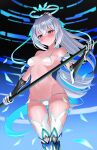  1girl absurdres aircell armored_boots bare_shoulders bikini black_eyes blue_hair blush boots breasts bronya_zaychik bronya_zaychik_(herrscher_of_truth) closed_mouth feet_out_of_frame gloves grey_hair hair_between_eyes halo highres holding holding_polearm holding_weapon honkai_(series) honkai_impact_3rd long_hair medium_breasts multicolored_hair navel pink_pupils polearm solo swimsuit thighhighs two-tone_hair very_long_hair weapon white_bikini white_thighhighs 