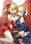  2girls :d absurdres artoria_pendragon_(fate) asymmetrical_docking bare_shoulders bead_necklace beads black_thighhighs blonde_hair blue_dress blue_eyes blue_ribbon breast_press breasts cleavage closed_mouth dress elbow_gloves falling_petals fate/grand_order fate_(series) feet flower foot_out_of_frame gloves green_eyes hair_ribbon highres jewelry large_breasts legs medium_breasts multiple_girls necklace nero_claudius_(fate) no_shoes open_mouth petals red_dress red_flower red_gloves red_ribbon red_rose ribbon rose rose_petals saber shenqi_xiao_hong_zai_nali sitting sleeveless sleeveless_dress smile thighhighs thighs white_thighhighs yokozuwari 