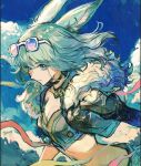  1girl animal_ears black_choker black_jacket blue_eyes blue_hair blue_sky breasts choker cleavage closed_mouth copyright_request day eyewear_on_head highres jacket looking_at_viewer midriff open_clothes open_jacket outdoors rosette_(yankaixuan) sky smile solo sunglasses 
