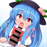  1boy 1girl black_headwear blue_hair blush heart hetero hinanawi_tenshi long_hair looking_at_viewer open_mouth oral_invitation penis red_eyes red_ribbon ribbon rizento sexually_suggestive solo_focus sweatdrop tongue tongue_out touhou 