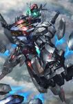  above_clouds aqua_eyes cloud funnels_(gundam) glowing glowing_eyes gundam gundam_aerial gundam_suisei_no_majo highres looking_up mecha mobile_suit no_humans open_hand open_hands paintedmike robot science_fiction solo v-fin 