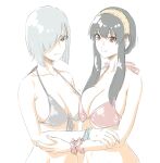  2girls asymmetrical_docking bangs bare_shoulders bikini black_hair blank_stare blunt_ends bob_cut breast_press breasts cleavage earrings empty_eyes expressionless fiona_frost hair_over_one_eye hairband highres jewelry large_breasts long_hair mitsugu multiple_girls red_eyes short_hair sidelocks smile spy_x_family swimsuit white_hair yor_briar 