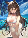  1girl aa44 absurdres air_bubble atago_(azur_lane) atago_(summer_march)_(azur_lane) azur_lane beach bikini breasts brown_hair bubble choker cleavage extra_ears highres large_breasts leaning_forward long_hair looking_at_viewer official_alternate_costume open_mouth palm_tree ribbon sarong see-through_sarong solo swimsuit tree very_long_hair water white_bikini white_choker white_ribbon yellow_eyes 
