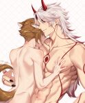  2boys abs animal_ears aqua_eyes arataki_itto artist_name back bangs bare_back bare_shoulders black_nails blush bodypaint brown_hair closed_mouth collarbone colored_inner_hair commentary dog_boy dog_ears dog_tail earrings ears_down facepaint fingernails genshin_impact gorou_(genshin_impact) hand_on_another&#039;s_chest highres horns jewelry long_hair looking_at_viewer makeup male_focus multicolored_hair multiple_boys nail_polish navel oni_horns parted_bangs pectorals profile red_eyes red_hair red_horns rourouki sharp_fingernails short_hair shoulder_blades sidelocks sideways_glance simple_background smile smirk stomach streaked_hair tail thick_eyebrows topless topless_male two-tone_hair watermark white_background white_hair yaoi 