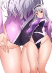  1girl adjusting_clothes adjusting_leotard ass athletic_leotard black_hairband breasts commentary_request commission covered_navel cowboy_shot grey_hair hairband highres idolmaster large_breasts leotard long_hair long_sleeves mibushiro multicolored_leotard multiple_views open_mouth purple_eyes shijou_takane simple_background skin_tight smile turtleneck_leotard white_background 
