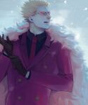  1boy black_shirt blonde_hair brown_gloves business_suit coat donquixote_doflamingo earrings feather_coat formal gloves highres inu7efd jewelry long_sleeves male_focus necktie one_piece pink_coat red_necktie red_suit shirt short_hair snowflakes solo spiked_hair suit sunglasses upper_body 