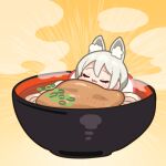  1girl animal_ears blush bowl chibi closed_eyes emphasis_lines fang fang_out food fox_ears idolmaster idolmaster_cinderella_girls in_food kemonomimi_mode noodles ramen shiomi_syuko skin_fang sleeping solo takato_kurosuke yellow_background 