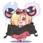  1girl :d black_hoodie blonde_hair cosplay earrings full_body gastly hood hood_down hoodie iono_(pokemon) iono_(pokemon)_(cosplay) jewelry long_sleeves pink_eyes pokemon pokemon_(creature) pokemon_(game) pokemon_sv shirasaka_koume simple_background smile solo standing standing_on_one_leg takato_kurosuke white_background 