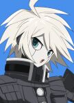  1boy :o absurdres ahoge android bangs blue_background buttons danganronpa_(series) danganronpa_v3:_killing_harmony etklgsscizgnglq green_eyes grey_hair headphones highres keebo male_focus open_mouth portrait power_armor shiny shiny_hair simple_background solo 