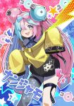  1girl absurdres bangs bare_shoulders black_shorts blue_hair blush bow-shaped_hair breasts character_hair_ornament hair_ornament highres iono_(pokemon) jacket light_blue_hair long_hair long_sleeves looking_at_viewer low_twintails magnemite medium_breasts multicolored_hair open_mouth pink_hair pokemon pokemon_(game) pokemon_sv purple_eyes sharp_teeth shorts sleeves_past_fingers sleeves_past_wrists smile solo split-color_hair sylph_kim teeth translation_request twintails yellow_jacket 
