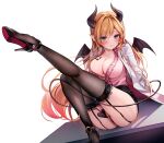  1girl absurdres bangs blonde_hair blush breast_tattoo breasts cleavage closed_mouth demon_horns demon_tail demon_wings garter_straps gradient_hair green_eyes high_heels highres hololive horns knee_up labcoat lace-trimmed_legwear lace_trim large_breasts leg_up legs long_hair looking_at_viewer luna_nyann multicolored_hair pink_shirt pointy_ears shirt simple_background sitting smile solo tail tattoo thighhighs very_long_hair virtual_youtuber white_background wings yuzuki_choco 