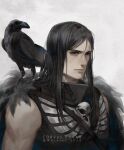  1boy 2022 absurdres armor artist_name bird black_cape black_eyes black_hair cape character_name closed_mouth corvus_corax crow fur_cape ginias highres long_hair looking_at_viewer primarch raven_guard solo warhammer_40k 