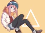  1girl absurdres beanie blue_eyes harumachi_fa-fa hat highres jacket kagamihara_nadeshiko leggings_under_shorts looking_at_viewer pink_hair scarf short_shorts shorts simple_background smile solo yurucamp 