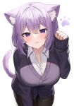  1girl absurdres animal_ears bangs black_pantyhose breasts brown_pants button_gap cat_ears cat_girl cat_tail highres hololive large_breasts looking_at_viewer nannung nekomata_okayu open_mouth pants pantyhose purple_eyes purple_hair purple_vest rice_porridge shirt short_hair sidelocks simple_background smile solo standing tail uniform vest virtual_youtuber white_background white_shirt 