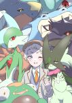  1boy absurdres bellibolt blue_eyes blue_sweater blush brown_headwear character_request collared_shirt commentary_request corviknight gallade garchomp grey_jacket gyarados hand_up highres jacket lapels long_sleeves looking_at_viewer meowscarada mole mole_under_eye necktie nemaki_(nemaki87456) one_eye_closed open_mouth orange_necktie pokemon pokemon_(game) pokemon_sv red_eyes shirt solo sweater upper_body white_hair white_shirt yellow_eyes 