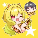  2girls :d bikini blonde_hair blush_stickers chibi closed_mouth cosplay fangs hair_intakes horns idolmaster idolmaster_cinderella_girls jitome kurosaki_chitose long_hair looking_at_viewer lum lum_(cosplay) multiple_girls oni_costume purple_eyes red_eyes shirayuki_chiyo slit_pupils smile solo_focus strapless strapless_bikini striped striped_bikini swimsuit takato_kurosuke urusei_yatsura very_long_hair yellow_background 