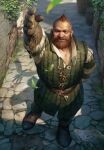  alley beard black_footwear boots cobblestone dwarf facial_hair falling_leaves gloves green_gloves green_shirt gwent_(game) highres leaf mohawk non-web_source realistic red_hair shirt the_witcher_(series) zoltan zoltan_chivay 