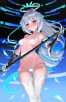  1girl absurdres aircell bare_shoulders bikini black_eyes blue_hair blush breasts bronya_zaychik bronya_zaychik_(herrscher_of_truth) closed_mouth feet_out_of_frame gloves grey_hair hair_between_eyes halo highres holding holding_polearm holding_weapon honkai_(series) honkai_impact_3rd long_hair medium_breasts multicolored_hair navel pink_pupils polearm solo swimsuit thighhighs two-tone_hair very_long_hair weapon white_bikini white_thighhighs 