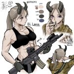  1girl abs absurdres ar-15 assault_rifle blue_eyes cigarette epakim gloves gun hand_tattoo highres holding holding_weapon horns looking_at_viewer looking_to_the_side mk_18_carbine muscular muscular_female original ponytail rifle scar scar_across_eye smoking solo sports_bra tattoo toned weapon white_background 