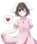  1girl animal_ears black_hair carrot_necklace dress floppy_ears heart highres inaba_tewi jewelry looking_at_viewer nanamiko74 necklace one_eye_closed pink_dress rabbit_ears rabbit_girl red_eyes short_hair short_sleeves simple_background solo spoken_heart tongue tongue_out touhou upper_body white_background 