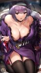 1girl bare_shoulders black_thighhighs breasts choker cleavage commentary_request hair_ornament hairband hairclip hedgehog highres kneeling knife large_breasts long_hair mahjong_soul mole mole_under_eye nikaidou_miki no_shoes nonohachi open_mouth purple_hair red_eyes riichi_stick solo thighhighs 