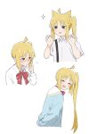  1girl :3 ahoge bangs blonde_hair blush bocchi_the_rock! bow bowtie closed_eyes collared_shirt commentary cropped_torso hand_on_own_cheek hand_on_own_face highres ijichi_nijika index_finger_raised looking_back looking_to_the_side ookiiayu open_mouth paw_pose red_bow red_bowtie red_eyes school_uniform shirt short_sleeves side_ponytail sidelocks smile smug white_shirt 