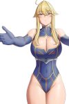  1girl ahoge artoria_pendragon_(fate) artoria_pendragon_(lancer)_(fate) bare_shoulders blonde_hair blue_gloves blue_leotard breasts cleavage cleavage_cutout clothing_cutout covered_navel elbow_gloves fate/grand_order fate_(series) gloves green_eyes hair_between_eyes highleg highleg_leotard highres incoming_hug large_breasts leotard long_hair looking_at_viewer lvl_(sentrythe2310) outstretched_arms sidelocks solo thighs white_background 