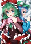  2girls blue_eyes blue_hair blue_jacket blurry blurry_background blush closed_mouth dress enpera flat_cap front_ponytail green_hair green_headwear hair_between_eyes happy hat highres holding_hands interlocked_fingers jacket kagiyama_hina kawashiro_nitori long_hair long_sleeves multiple_girls one-hour_drawing_challenge open_mouth outdoors pink_scarf red_dress ruu_(tksymkw) scarf shared_clothes shared_scarf smile snowing touhou upper_body 