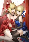  2girls absurdres ahoge artoria_pendragon_(fate) bangs bare_shoulders black_gloves black_thighhighs blonde_hair blue_dress blue_ribbon blush braid breasts cleavage collarbone dress elbow_gloves fate/extra fate/stay_night fate_(series) french_braid gloves green_eyes hair_bun hair_intakes hair_ribbon highres jewelry large_breasts long_hair looking_at_viewer medium_breasts multiple_girls necklace nero_claudius_(fate) nero_claudius_(fate/extra) off_shoulder open_mouth petals red_dress red_gloves red_ribbon revision ribbon saber shenqi_xiao_hong_zai_nali sidelocks smile thighhighs thighs white_thighhighs 