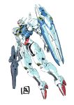  floating full_body green_eyes gun gundam gundam_aerial gundam_suisei_no_majo highres holding holding_gun holding_weapon looking_up mecha mobile_suit no_humans ohtagaki_yasuo open_hand robot science_fiction shield simple_background solo v-fin weapon white_background 