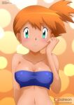  1girl arm_behind_back artist_name bangs bare_shoulders blush breasts cleavage closed_mouth collarbone commentary covered_nipples green_eyes hand_up highres looking_at_viewer medium_breasts misty_(pokemon) navel orange_hair paid_reward_available pokemon pokemon_(anime) ponytail shiny shiny_hair shiny_skin short_hair side_ponytail simple_background stomach strapless swimsuit tube_top upper_body zel-sama 