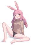  1girl animal_ears bare_legs barefoot black_panties breasts brown_eyes brown_sweater chestnut_mouth feet full_body hair_ornament hair_scrunchie highres light_blush long_hair long_sleeves medium_breasts no_pants open_mouth original panties pink_hair rabbit_ears rabbit_girl red_scrunchie saiste scrunchie simple_background sitting solo spread_legs sweat sweater toes turtleneck turtleneck_sweater underwear white_background 