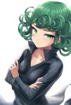 bangs black_dress breasts closed_mouth collared_dress dress eyelashes green_eyes green_hair highres long_sleeves one-punch_man psychic sai_(abyss05) short_hair small_breasts tatsumaki upper_body white_background 