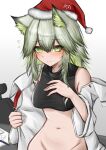  1girl absurdres animal_ear_fluff animal_ears arknights bare_shoulders black_shirt blush bottomless breasts cat_ears cat_girl cropped_shirt flying_sweatdrops green_eyes green_hair groin hair_between_eyes hat highres jacket kal&#039;tsit_(arknights) looking_at_viewer medium_breasts navel off_shoulder open_clothes open_jacket oripathy_lesion_(arknights) out-of-frame_censoring pom_pom_(cheerleading) santa_hat shirt simple_background solo stomach upper_body white_background white_jacket wordsworth_owo 