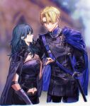  1boy 1girl absurdres arm_behind_back bangs belt black_cape black_jacket black_pants blonde_hair blue_belt blue_cape blue_eyes blue_hair blurry blurry_background breasts byleth_(fire_emblem) byleth_(fire_emblem)_(female) cape cowboy_shot dimitri_alexandre_blaiddyd fire_emblem fire_emblem:_three_houses hair_between_eyes highres jacket long_hair looking_at_another medium_breasts military military_uniform naoki_(2rzmcaizerails6) pants parted_bangs short_hair shoulder_belt sword uniform weapon 