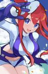  1girl blue_eyes blue_gloves blue_jacket blue_shorts breasts cropped_jacket gloves hair_ornament highres hirotaka_(hrtk990203) jacket large_breasts midriff one_side_up pokemon pokemon_(game) pokemon_bw red_hair short_hair_with_long_locks short_shorts shorts sidelocks skyla_(pokemon) solo turtleneck 