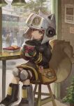  1girl :t absurdres animal_ears_helmet arknights bag bangs bingansuan_jiamouren black_footwear black_gloves black_jacket boots brown_eyes brown_hair cup disposable_cup drinking drinking_straw_in_mouth fire_helmet firefighter_jacket food gloves highres id_card indoors jacket knee_guards lamp long_sleeves looking_at_viewer medium_hair people rubber_boots shaw_(arknights) shoulder_bag solo_focus squirrel_girl squirrel_tail table tail window 